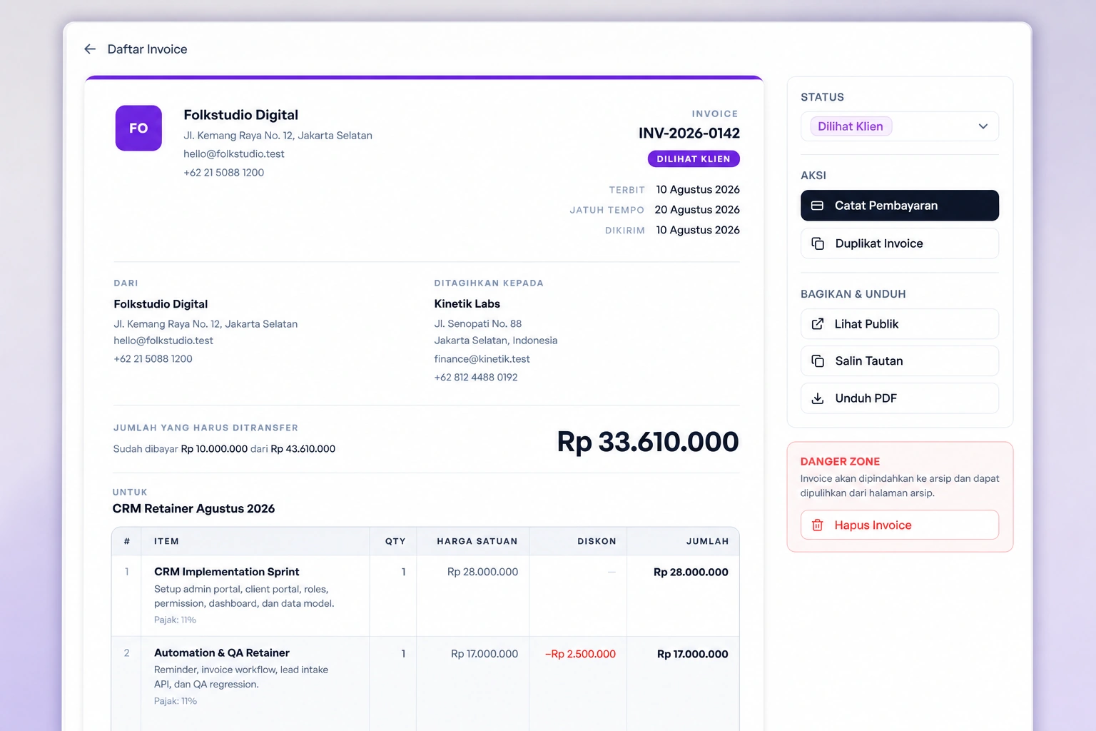 Close-up HD detail invoice folkaCRM dengan nominal, status, tindakan, dan rincian item
