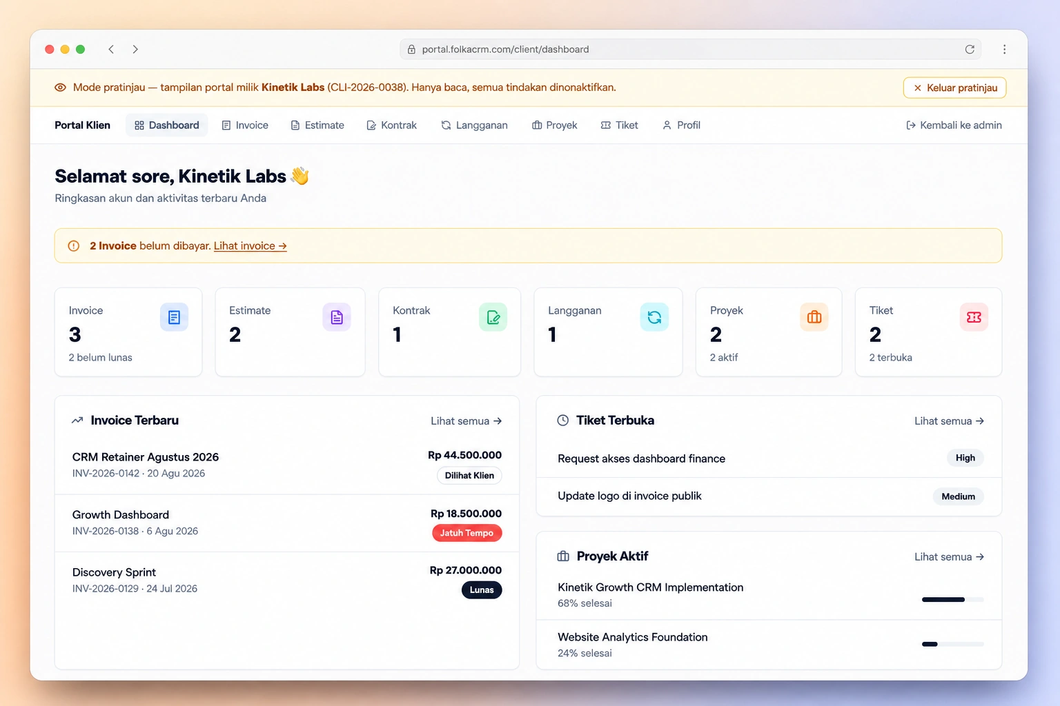 Close-up HD portal klien folkaCRM dengan ringkasan invoice, estimate, kontrak, proyek, dan tiket
