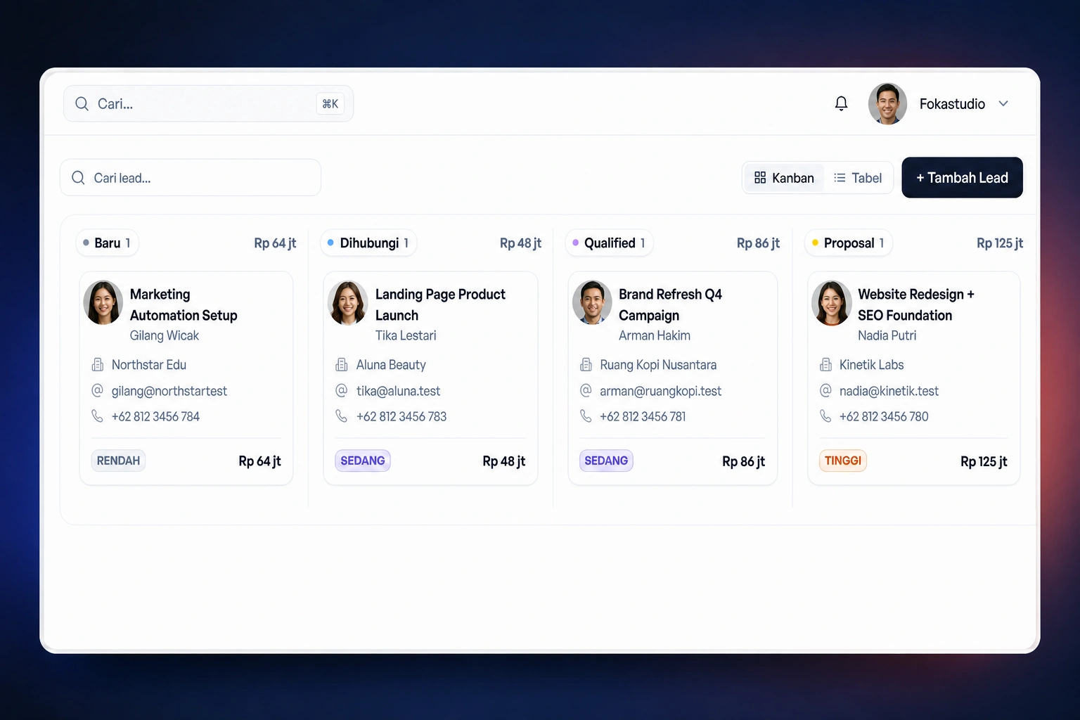 Close-up HD sales pipeline Kanban Fokastudio dengan foto profil lead pada tahapan Baru, Dihubungi, Qualified, dan Proposal